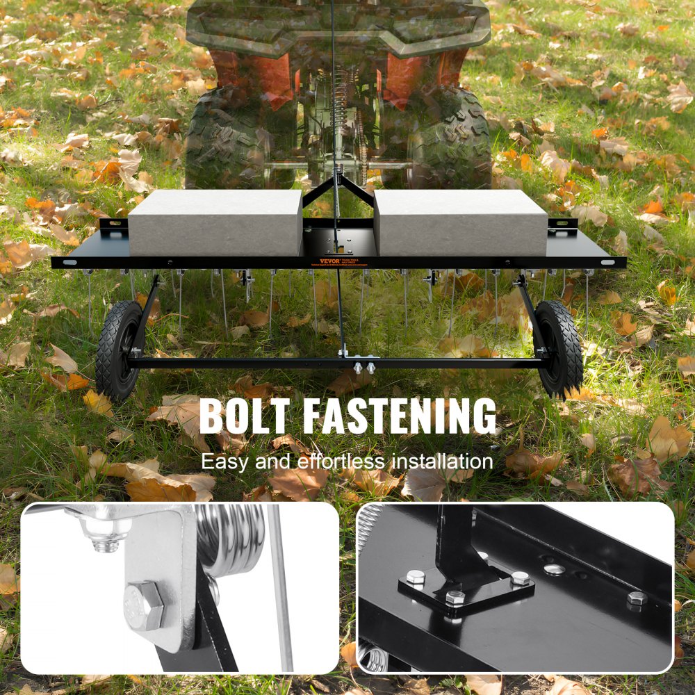 VEVOR Tow Behind Dethatcher, 1219mm Tow Dethatcher with 24 Spring Steel Tines, Lawn Dethatcher Rake for ATV or Mower, Tow Behind Lawn Rake with Lift Handle for Garden Farm Grass