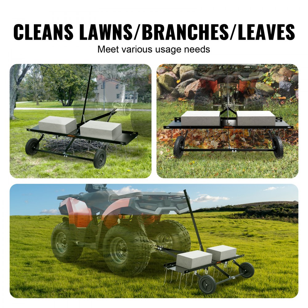 VEVOR Tow Behind Dethatcher, 1219mm Tow Dethatcher with 24 Spring Steel Tines, Lawn Dethatcher Rake for ATV or Mower, Tow Behind Lawn Rake with Lift Handle for Garden Farm Grass