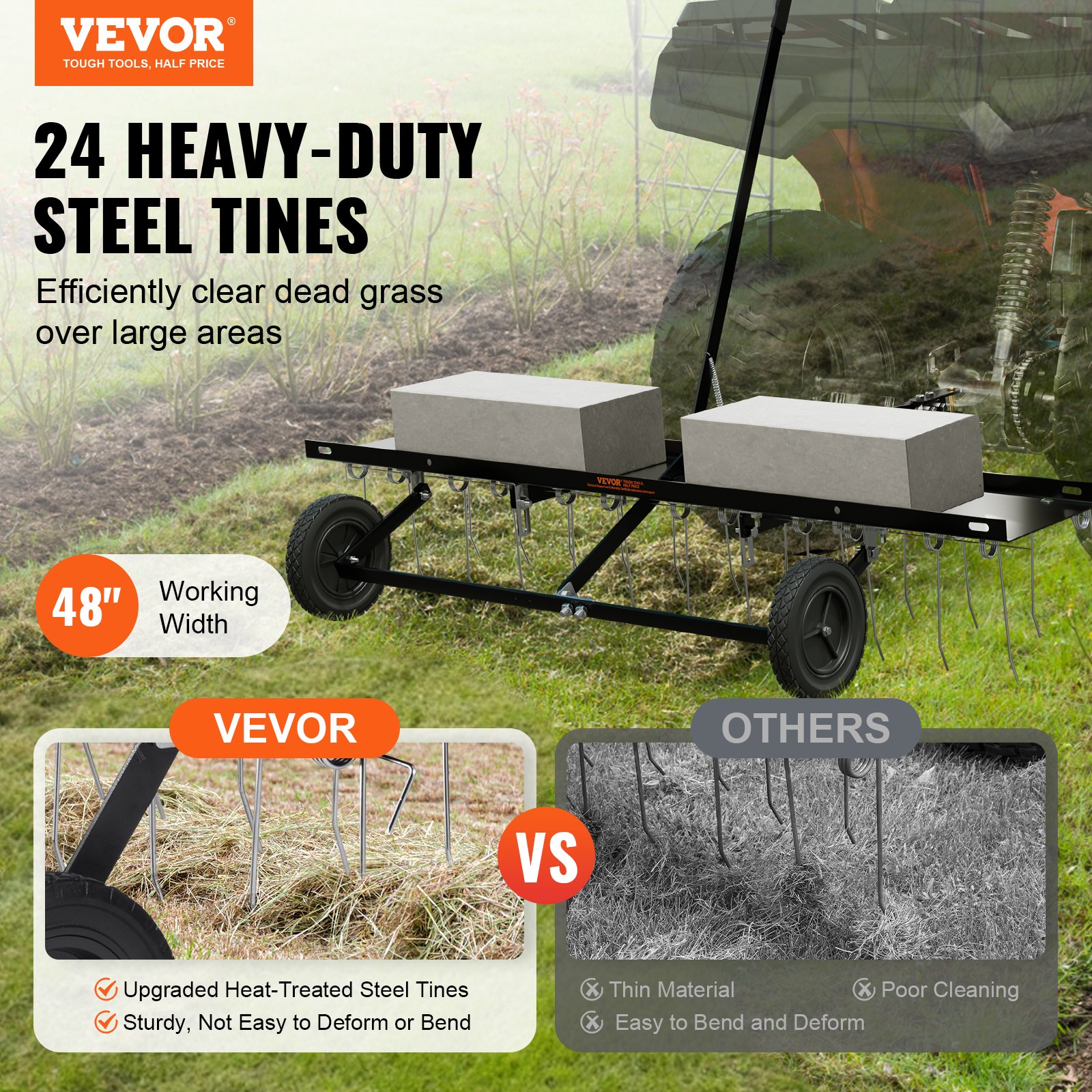 VEVOR Tow Behind Dethatcher, 1219mm Tow Dethatcher with 24 Spring Steel Tines, Lawn Dethatcher Rake for ATV or Mower, Tow Behind Lawn Rake with Lift Handle for Garden Farm Grass