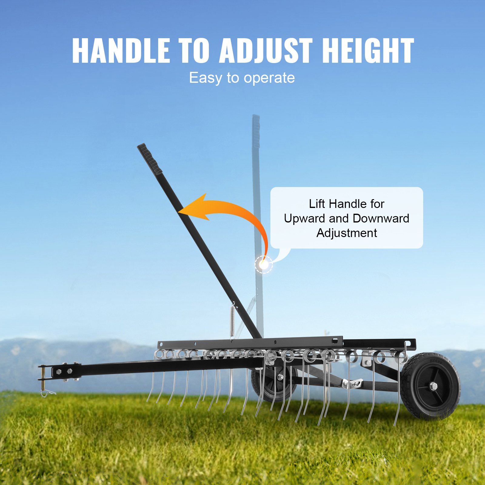 VEVOR Tow Behind Dethatcher, 1219mm Tow Dethatcher with 24 Spring Steel Tines, Lawn Dethatcher Rake for ATV or Mower, Tow Behind Lawn Rake with Lift Handle for Garden Farm Grass