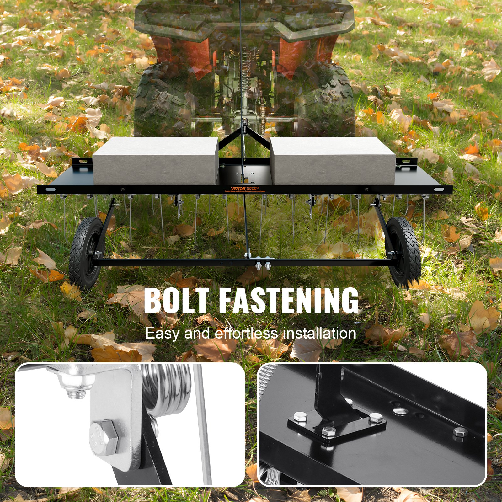 VEVOR Tow Behind Dethatcher, 1219mm Tow Dethatcher with 24 Spring Steel Tines, Lawn Dethatcher Rake for ATV or Mower, Tow Behind Lawn Rake with Lift Handle for Garden Farm Grass