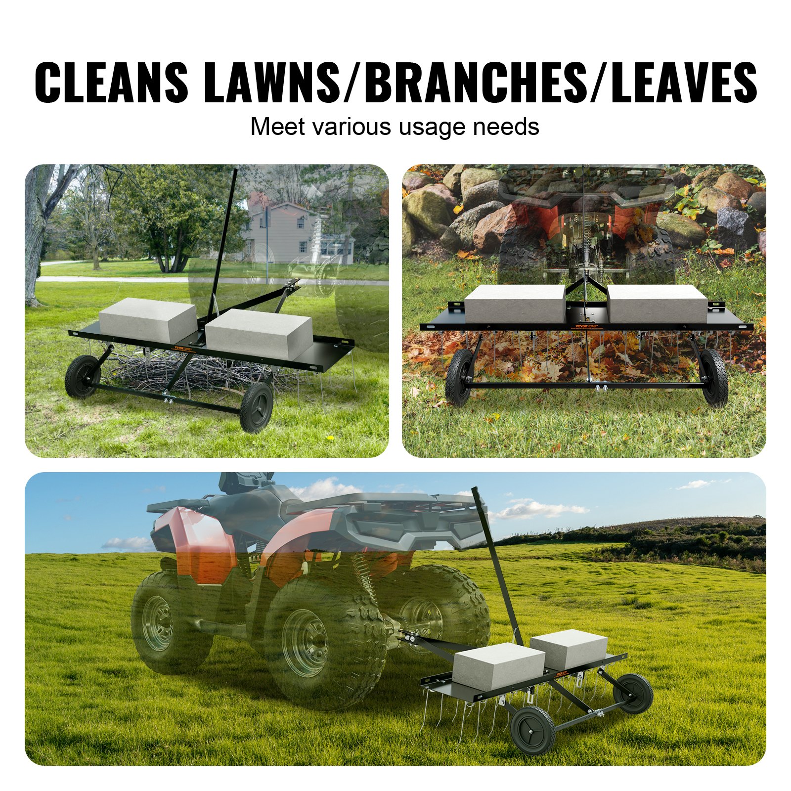 VEVOR Tow Behind Dethatcher, 1219mm Tow Dethatcher with 24 Spring Steel Tines, Lawn Dethatcher Rake for ATV or Mower, Tow Behind Lawn Rake with Lift Handle for Garden Farm Grass