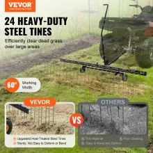 VEVOR Tow Behind Dethatcher, 60-inch Tow Dethatcher with 24 Steel Tines, Lawn Dethatcher Rake for ATV or Mower, Tow Behind Lawn Rake with Lift Handle for Leaves, Pine Needles, and Grass