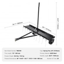 VEVOR Tow Behind Dethatcher, 40-inch Tow Dethatcher with 20 Spring Steel Tines, Lawn Dethatcher Rake for ATV or Mower, Tow Behind Lawn Rake with Lift Handle for Garden Farm Grass