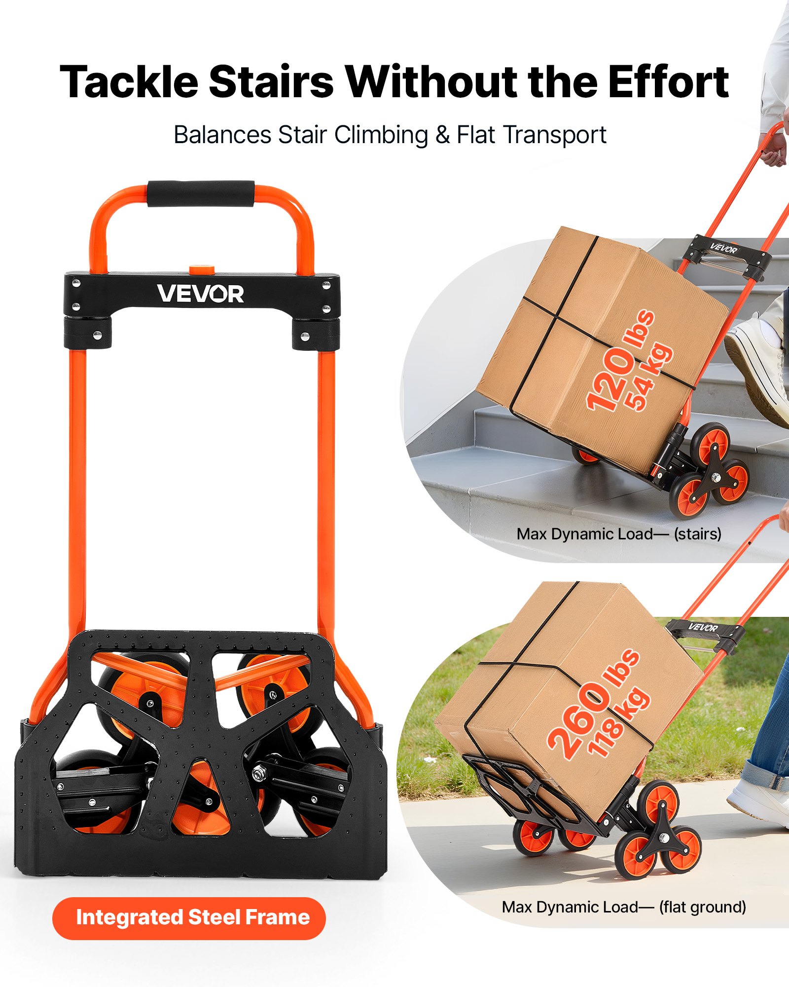 VEVOR Stair Climbing Cart, 54 kg Stair-Climbing Capacity, Portable Folding Trolley Cart with Telescoping Handle, 6 Wheels and 2 Bungee Cords, Stair Climber Dolly for Home, Groceries, Warehouse