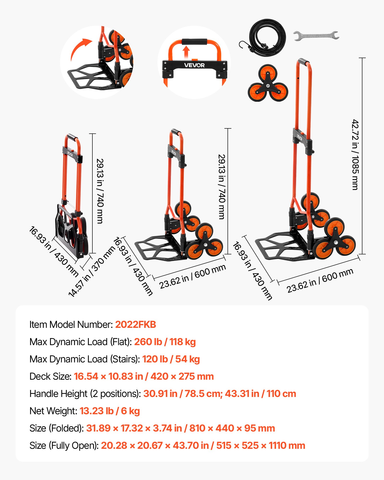 VEVOR Stair Climbing Cart, 54 kg Stair-Climbing Capacity, Portable Folding Trolley Cart with Telescoping Handle, 6 Wheels and 2 Bungee Cords, Stair Climber Dolly for Home, Groceries, Warehouse