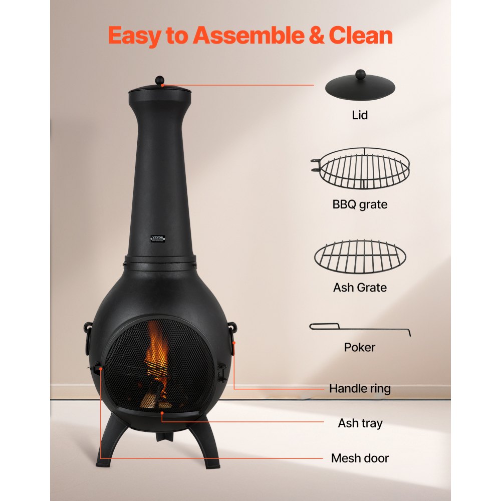 VEVOR Chiminea, 559 mm Outdoor Wood Burning Firepit, Spherical Fireplace for BBQ & Warming, Aluminum Wooden Fire Pit with Grill Mesh, Chimney Coat & Rustproof Chiminea Lid, for Patio/Garden/Backyard
