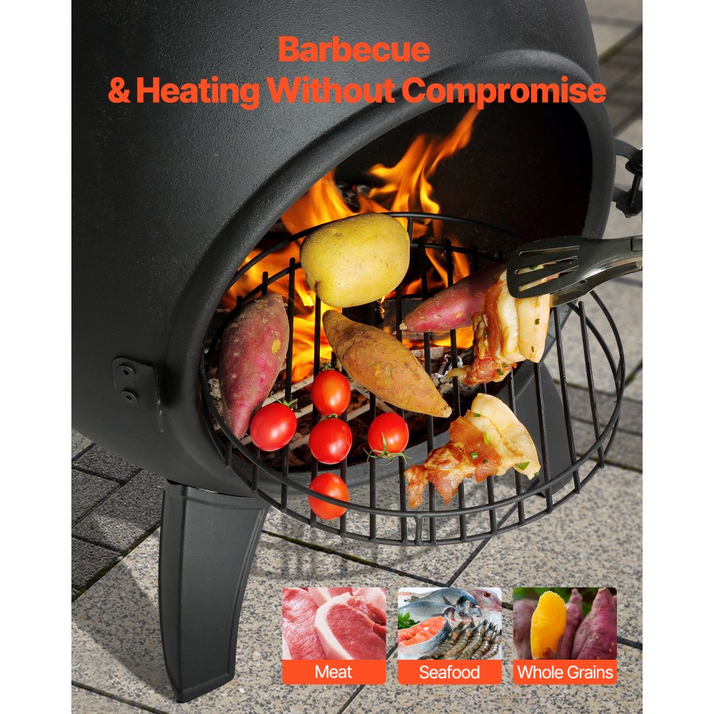 VEVOR Chiminea, 559 mm Outdoor Wood Burning Firepit, Spherical Fireplace for BBQ & Warming, Aluminum Wooden Fire Pit with Grill Mesh, Chimney Coat & Rustproof Chiminea Lid, for Patio/Garden/Backyard