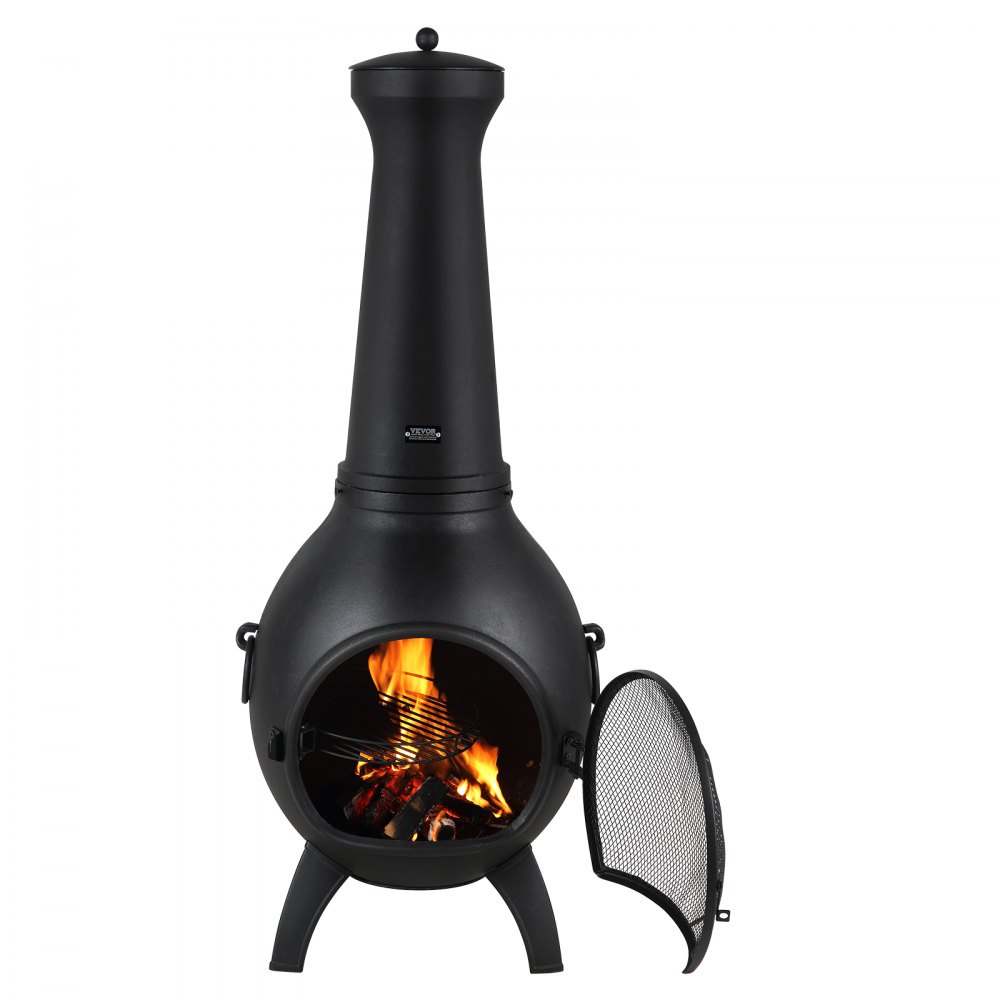 VEVOR Chiminea, 559 mm Outdoor Wood Burning Firepit, Spherical Fireplace for BBQ & Warming, Aluminum Wooden Fire Pit with Grill Mesh, Chimney Coat & Rustproof Chiminea Lid, for Patio/Garden/Backyard