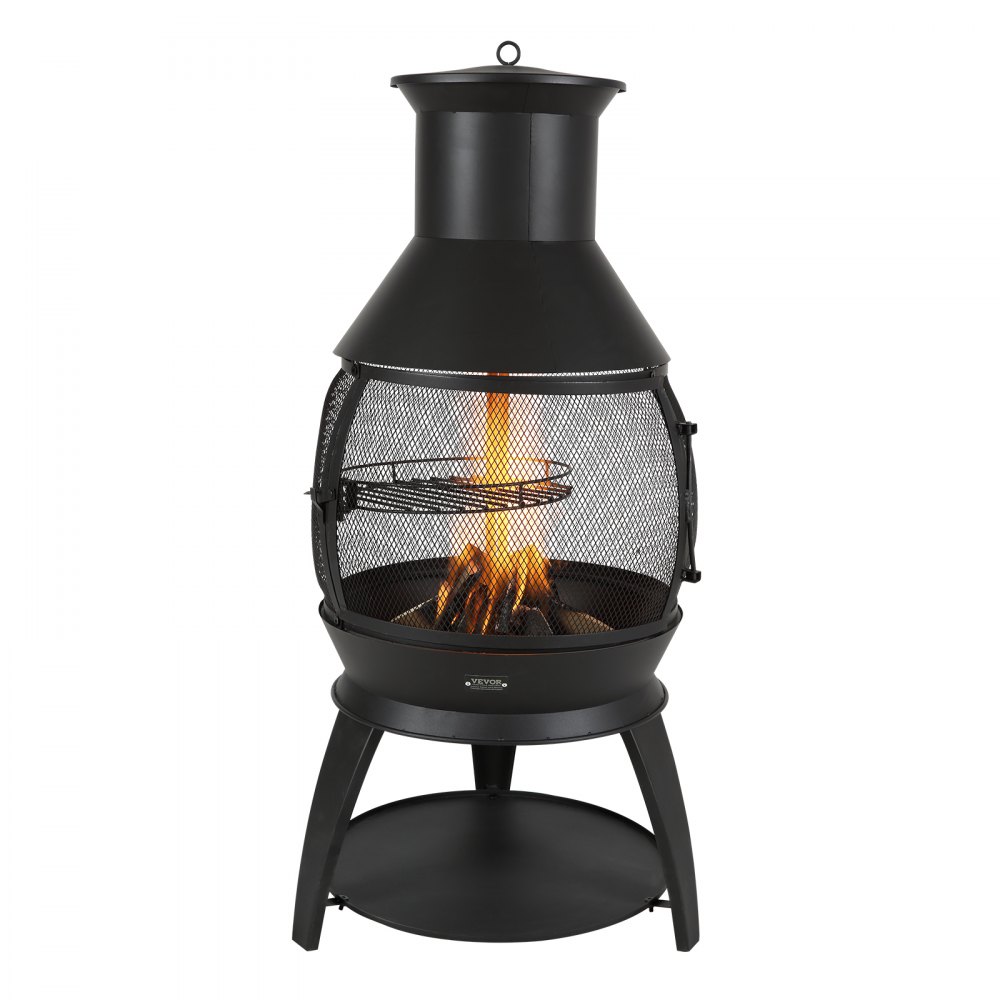 VEVOR Chiminea, 559 mm Outdoor Wood Burning Firepit, Iron Spherical Fireplace for BBQ & Warming, Wooden Fire Pit with Grill Mesh, Chimney Coat & Rustproof Chiminea Lid, for Patio, Garden, Backyard