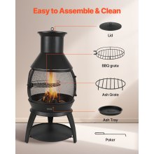 22 In Chiminea Outdoor Wood Burning Iron Firepit with Grill Mesh & Chimney Coat