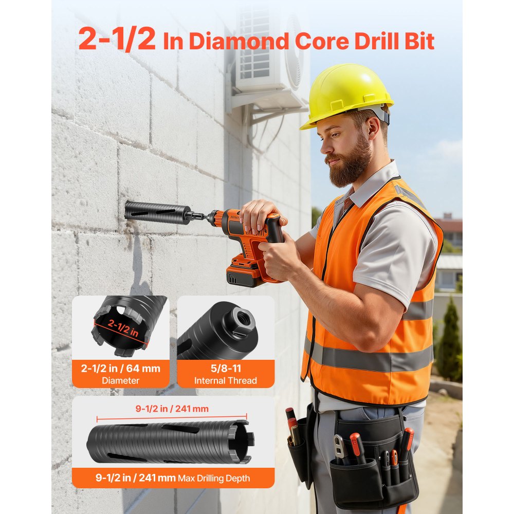 VEVOR Core Drill Bit, 2-1/2 inch Diameter, 9-1/2 inch Drilling Depth, 5/8-11 Internal Thread, Diamond Dry Coring Bit with 3 Adapters, Pilot Drill and Hex Wrench, for Concrete, Red Bricks, and Masonry