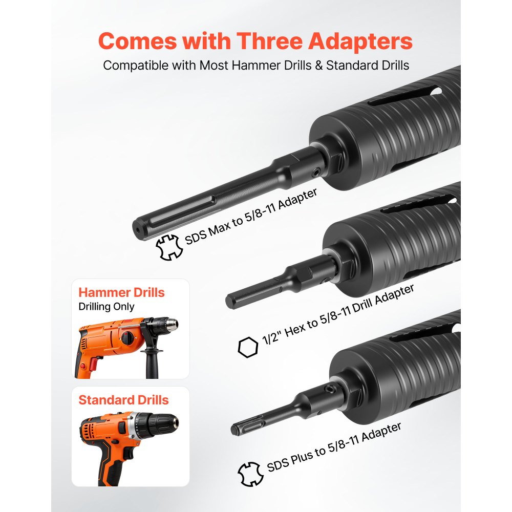 VEVOR Core Drill Bit, 2-1/2 inch Diameter, 9-1/2 inch Drilling Depth, 5/8-11 Internal Thread, Diamond Dry Coring Bit with 3 Adapters, Pilot Drill and Hex Wrench, for Concrete, Red Bricks, and Masonry