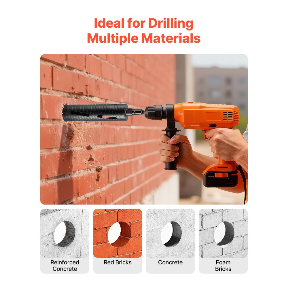 VEVOR Core Drill Bit, 2-1/2 inch Diameter, 9-1/2 inch Drilling Depth, 5/8-11 Internal Thread, Diamond Dry Coring Bit with 3 Adapters, Pilot Drill and Hex Wrench, for Concrete, Red Bricks, and Masonry