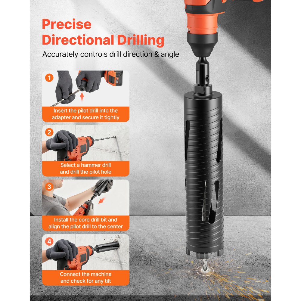 VEVOR Core Drill Bit, 2-1/2 inch Diameter, 9-1/2 inch Drilling Depth, 5/8-11 Internal Thread, Diamond Dry Coring Bit with 3 Adapters, Pilot Drill and Hex Wrench, for Concrete, Red Bricks, and Masonry