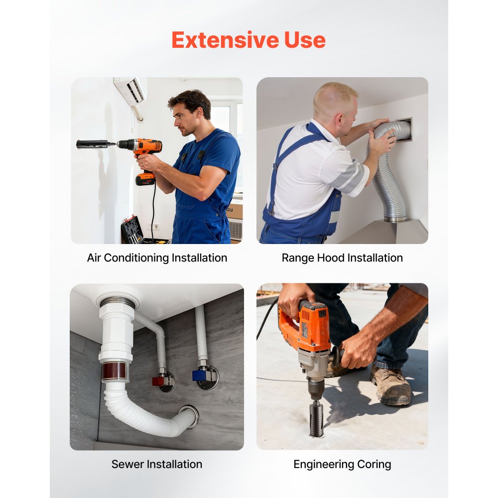 VEVOR Core Drill Bit, 2-1/2 inch Diameter, 9-1/2 inch Drilling Depth, 5/8-11 Internal Thread, Diamond Dry Coring Bit with 3 Adapters, Pilot Drill and Hex Wrench, for Concrete, Red Bricks, and Masonry