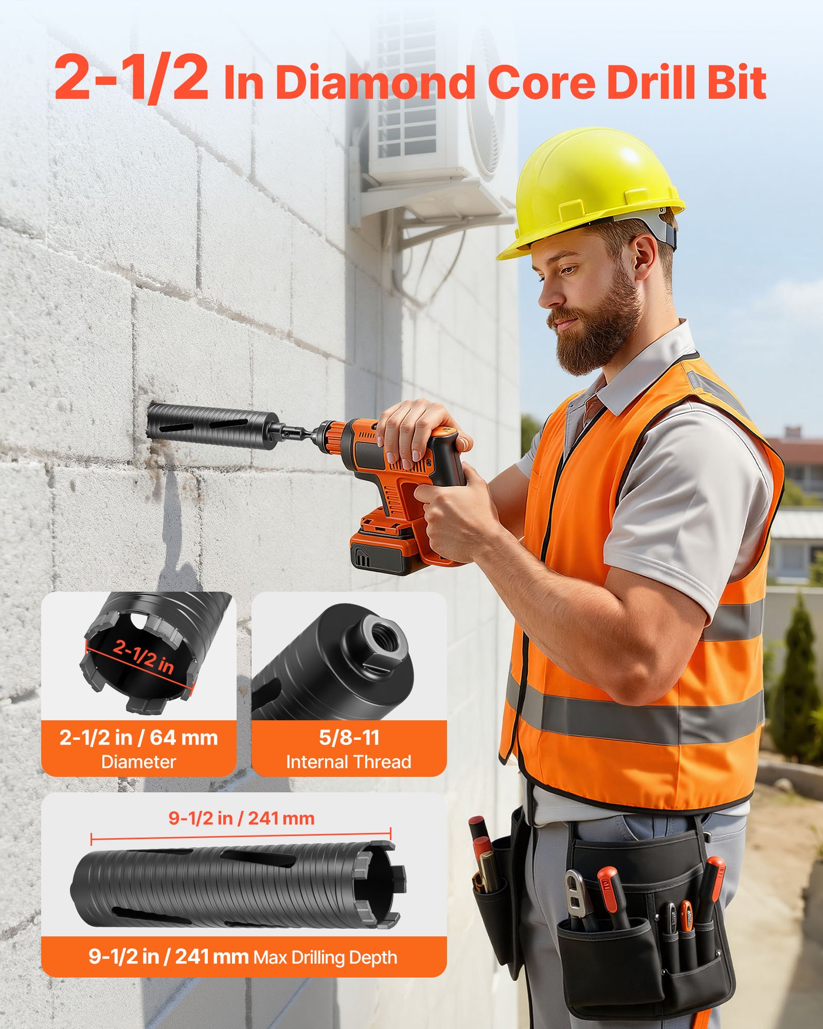 VEVOR Core Drill Bit, 2-1/2 inch Diameter, 9-1/2 inch Drilling Depth, 5/8-11 Internal Thread, Diamond Dry Coring Bit with 3 Adapters, Pilot Drill and Hex Wrench, for Concrete, Red Bricks, and Masonry