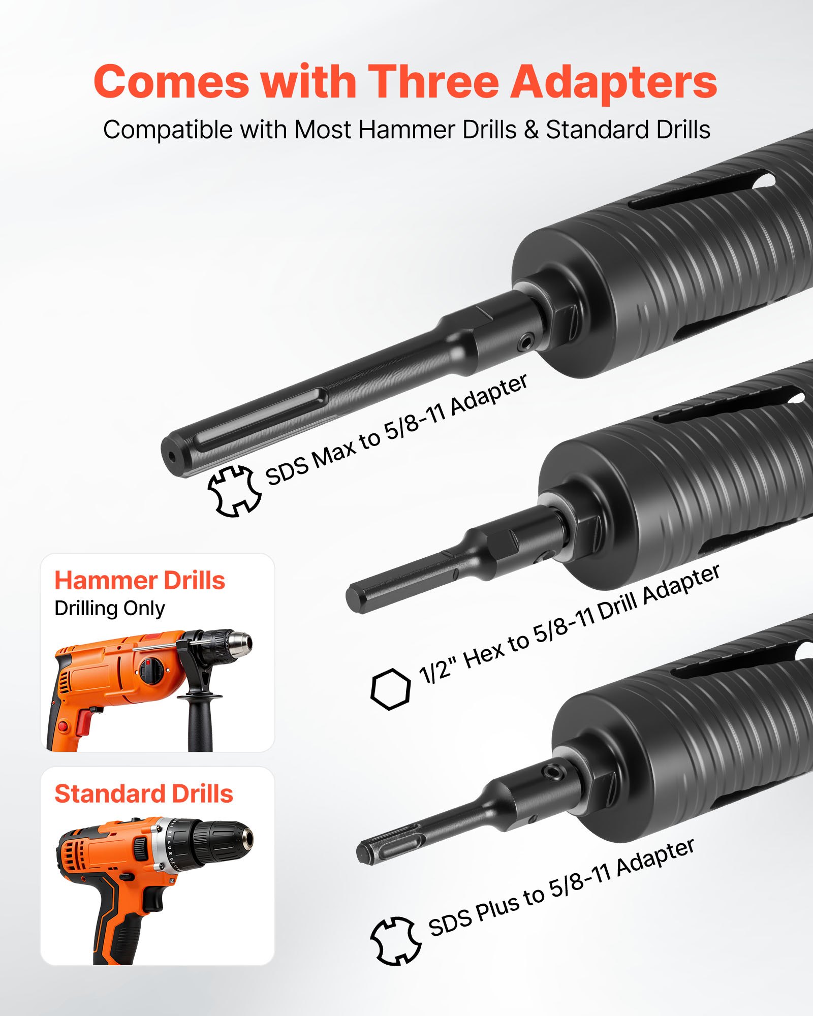 VEVOR Core Drill Bit, 2-1/2 inch Diameter, 9-1/2 inch Drilling Depth, 5/8-11 Internal Thread, Diamond Dry Coring Bit with 3 Adapters, Pilot Drill and Hex Wrench, for Concrete, Red Bricks, and Masonry