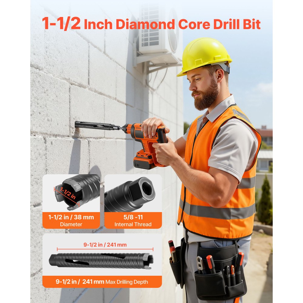 VEVOR Core Drill Bit, 1-1/2 inch Diameter, 9-1/2 inch Drilling Depth, 5/8-11 Internal Thread, Diamond Dry Coring Bit with 3 Adapters, Pilot Drill and Hex Wrench, for Concrete, Red Bricks, and Masonry