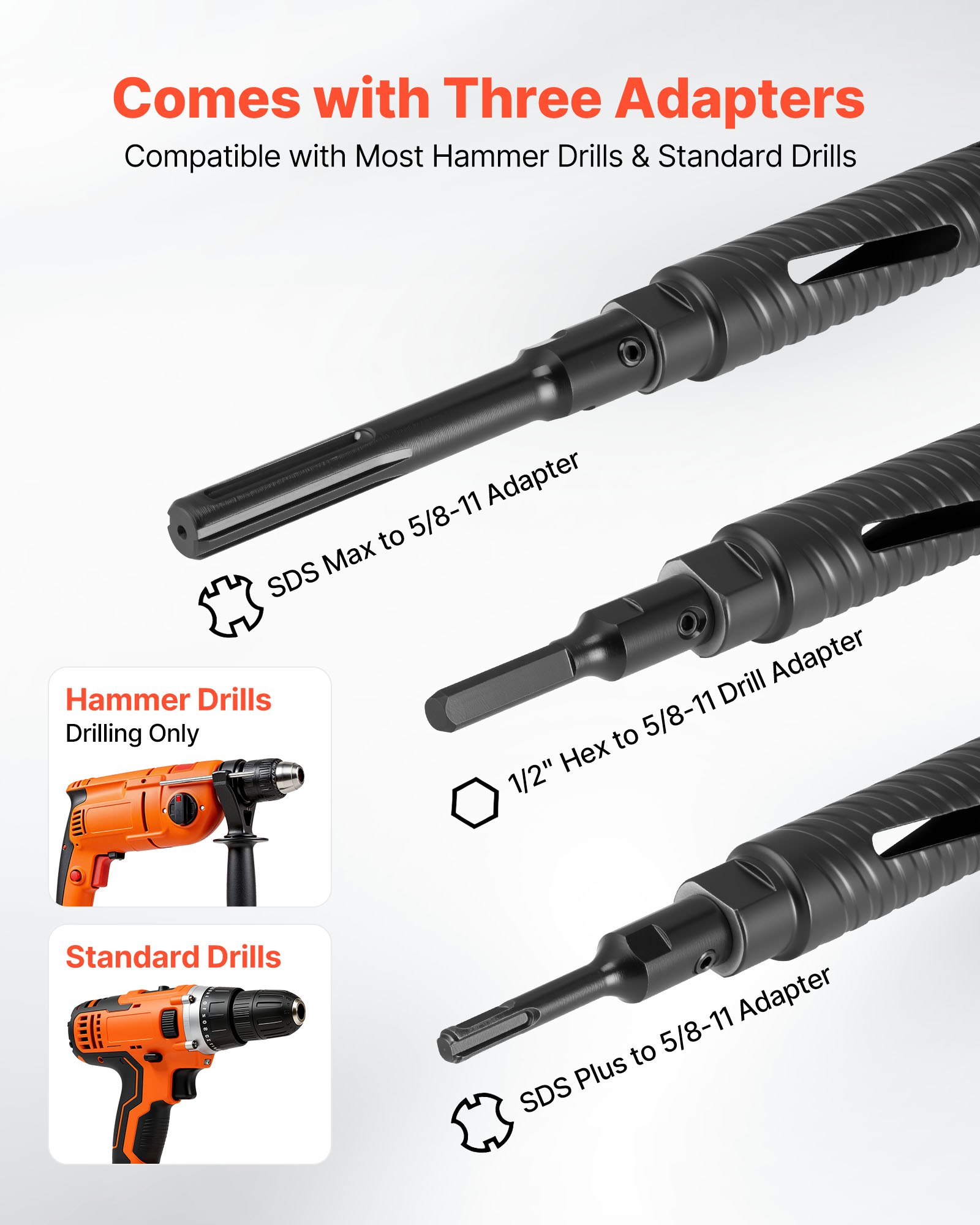 VEVOR Core Drill Bit, 1-1/2 inch Diameter, 9-1/2 inch Drilling Depth, 5/8-11 Internal Thread, Diamond Dry Coring Bit with 3 Adapters, Pilot Drill and Hex Wrench, for Concrete, Red Bricks, and Masonry