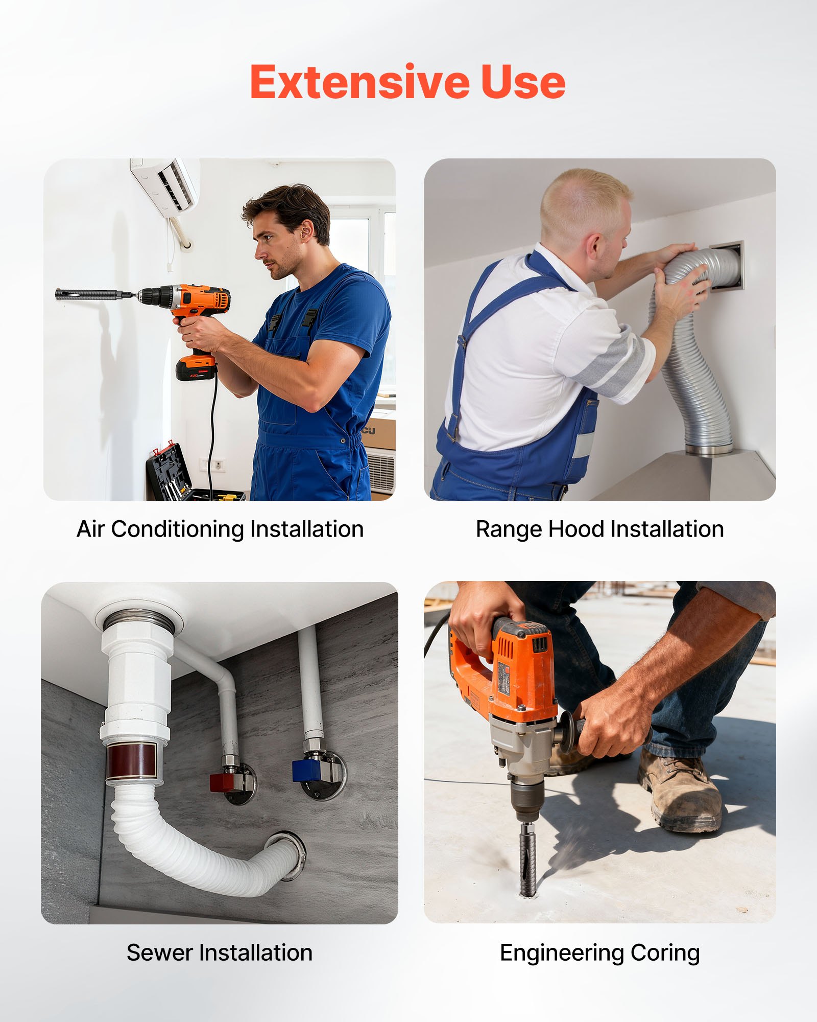 VEVOR Core Drill Bit, 1-1/2 inch Diameter, 9-1/2 inch Drilling Depth, 5/8-11 Internal Thread, Diamond Dry Coring Bit with 3 Adapters, Pilot Drill and Hex Wrench, for Concrete, Red Bricks, and Masonry