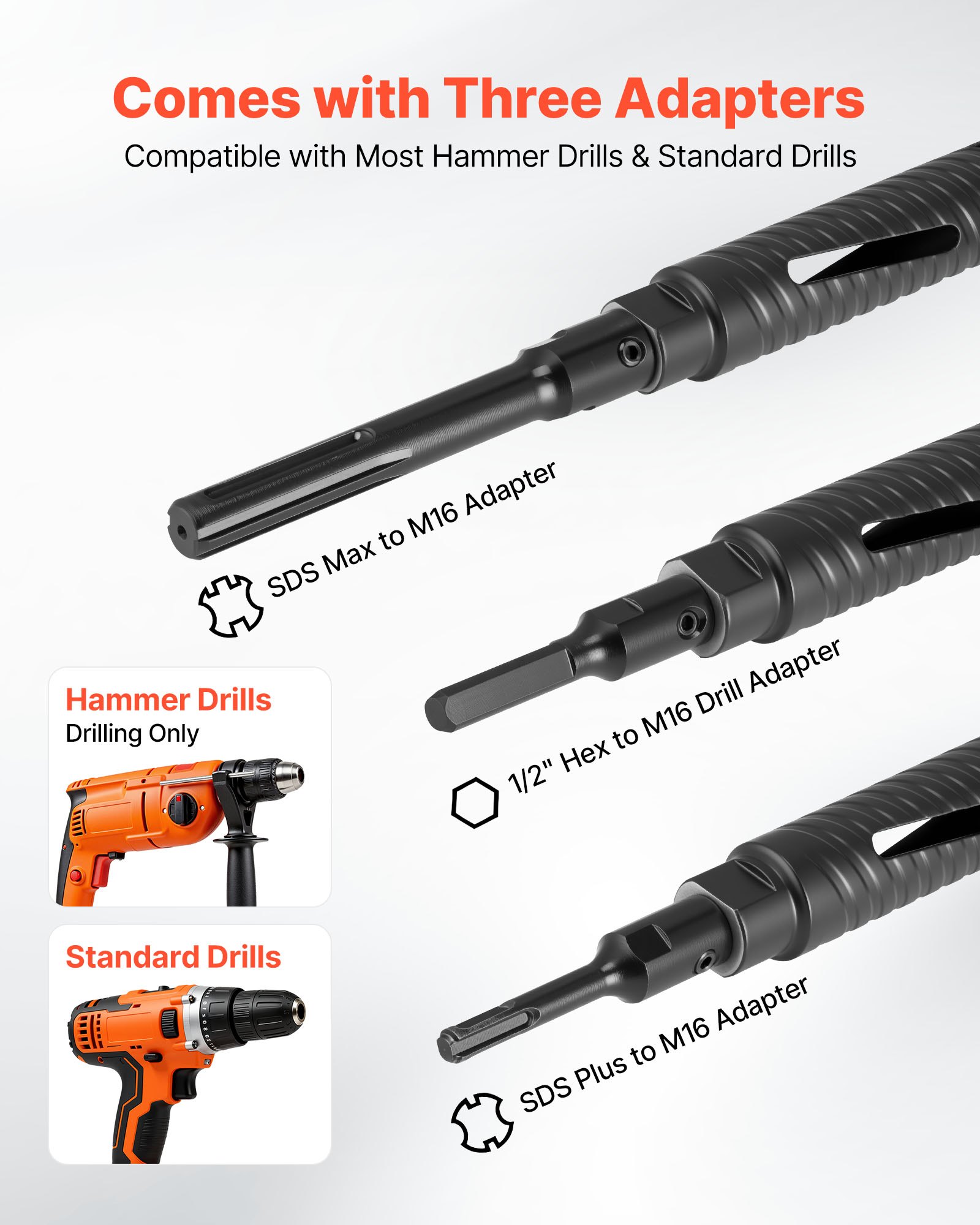 VEVOR Core Drill Bit, 38 mm Diameter, 241 mm Drilling Depth, M16 Internal Thread, Diamond Dry Coring Bit with 3 Adapters, Pilot Drill and Hex Wrench, for Reinforced Concrete, Red Bricks, and Masonry