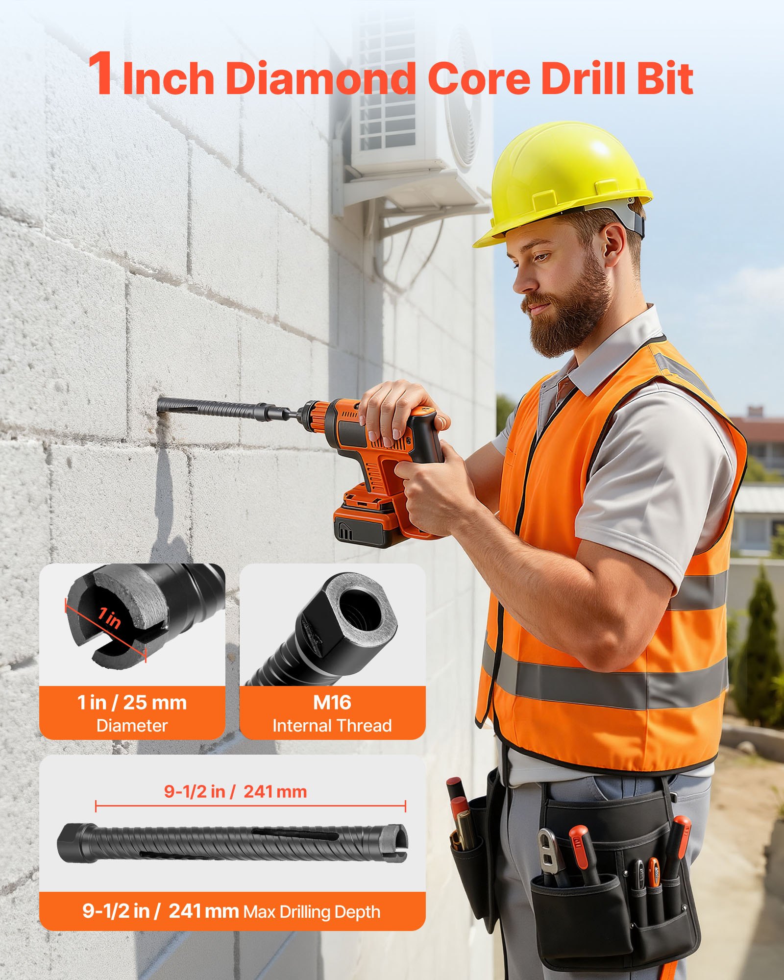 VEVOR Core Drill Bit, 25 mm Diameter, 241 mm Drilling Depth, M16 Internal Thread, Diamond Dry Coring Bit with 3 Adapters, Pilot Drill and Hex Wrench, for Reinforced Concrete, Red Bricks, and Masonry