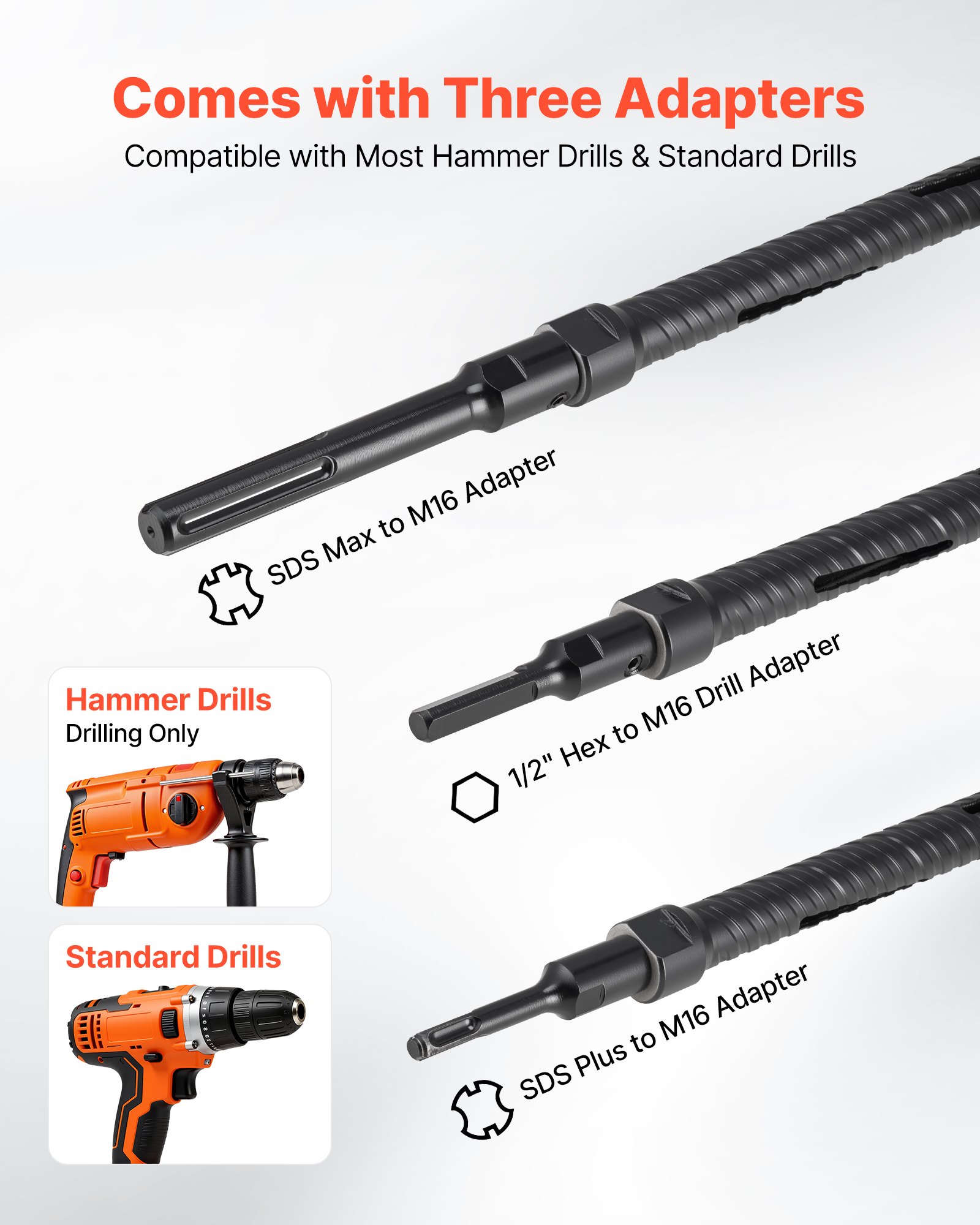 VEVOR Core Drill Bit, 25 mm Diameter, 241 mm Drilling Depth, M16 Internal Thread, Diamond Dry Coring Bit with 3 Adapters, Pilot Drill and Hex Wrench, for Reinforced Concrete, Red Bricks, and Masonry