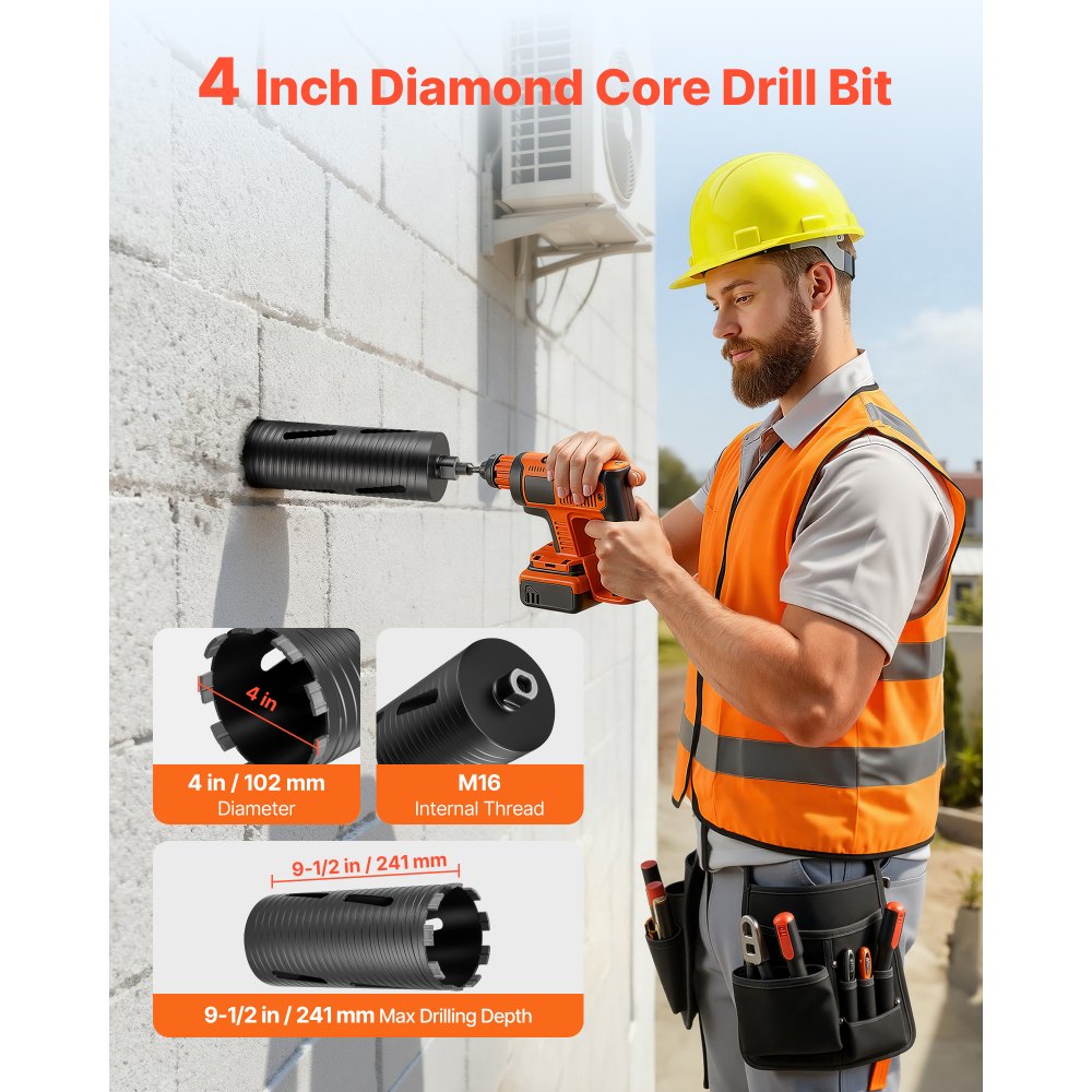 VEVOR Core Drill Bit, 102 mm Diameter, 241 mm Drilling Depth, M16 Internal Thread, Diamond Dry Coring Bit with 3 Adapters, Pilot Drill and Hex Wrench, for Reinforced Concrete, Red Bricks, and Masonry