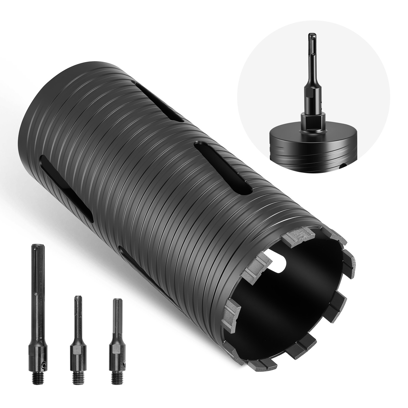 VEVOR Core Drill Bit, 102 mm Diameter, 241 mm Drilling Depth, M16 Internal Thread, Diamond Dry Coring Bit with 3 Adapters, Pilot Drill and Hex Wrench, for Reinforced Concrete, Red Bricks, and Masonry