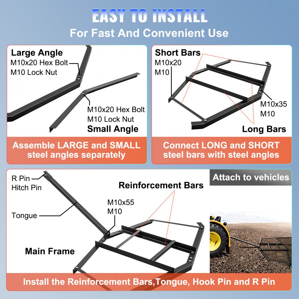 VEVOR Driveway Drag 66" Width, Tow Behind Drag Harrow 35" Length, 4" Height, Driveway Tractor Harrow with 2 Adjustable Bars, Heavy Duty Steel, Driveway Grader for ATV, UTV, Garden Lawn Tractors