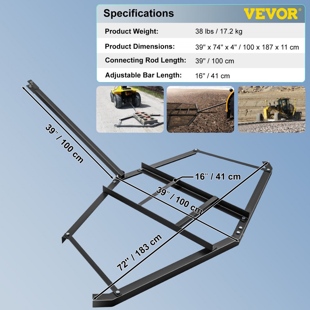 VEVOR Driveway Drag 74" Width, Tow Behind Drag Harrow 39'' Length, 4'' Height, Driveway Tractor Harrow with 2 Adjustable Bars, Heavy Duty Steel, Driveway Grader for ATV, UTV, Garden Lawn Tracto