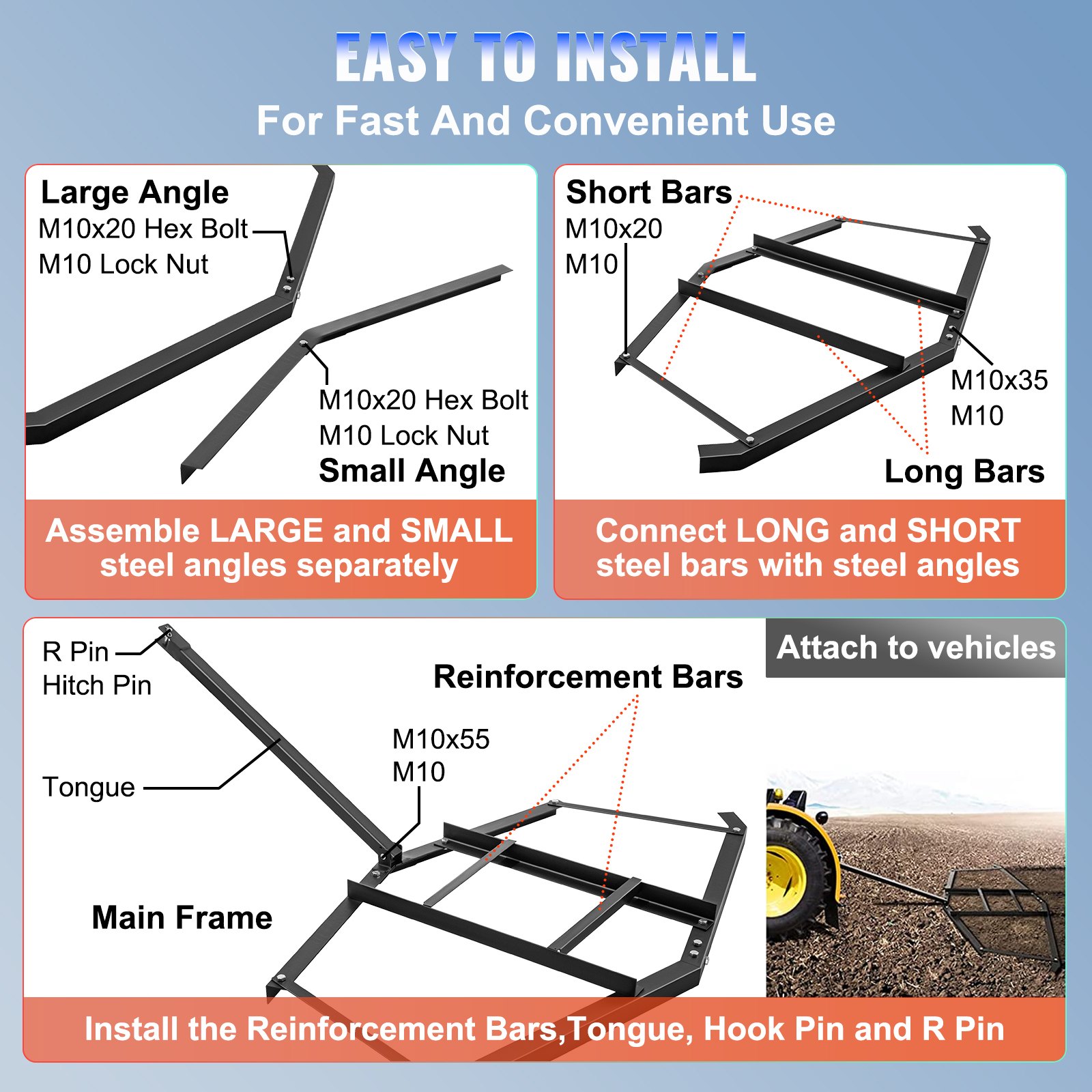 VEVOR Driveway Drag 74" Width, Tow Behind Drag Harrow 39'' Length, 4'' Height, Driveway Tractor Harrow with 2 Adjustable Bars, Heavy Duty Steel, Driveway Grader for ATV, UTV, Garden Lawn Tracto