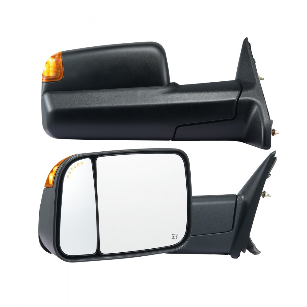 VEVOR towing mirrors for dodge ram, black with amber turn signals, large side mirror view.