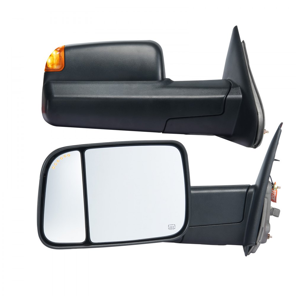 black VEVOR towing mirrors for dodge ram with orange turn signal lights and split mirror design.