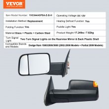 VEVOR Towing Mirrors, Left & Right Pair Set for 2002-2008 Dodge Ram 1500 2500 3500 (Partial 2009 Models), Power Heated with Signal Light & Puddle Light, Manual Controlling Flipping Folding, Black