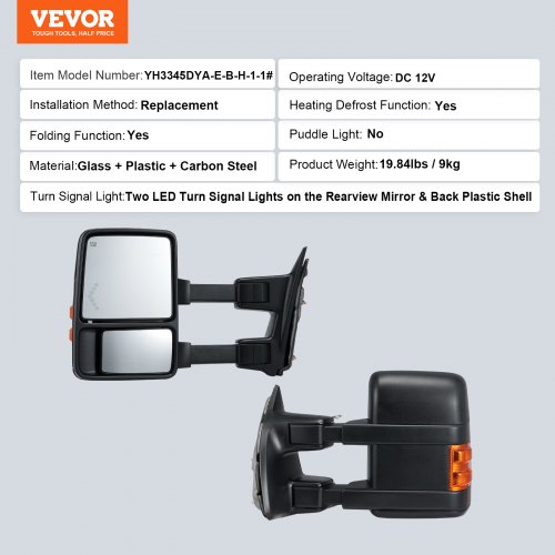 VEVOR Power Heated Foldable Tow Mirrors For 1999-2007 Ford F250 F350 F450 F550 - Pair