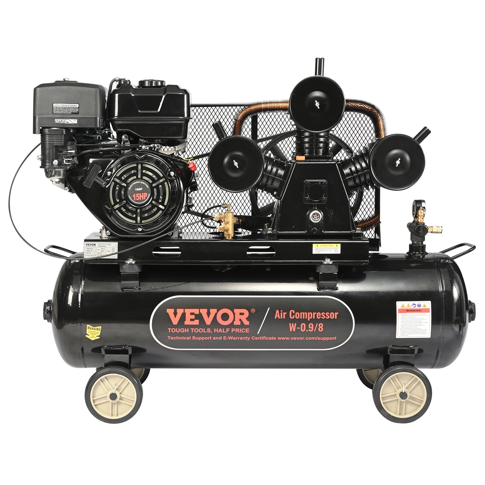 VEVOR 15HP Gas Powered Air Compressor, 30 Gallon Horizontal Air Compressor Tank, 33CFM@115PSI Gas Driven Piston Pump Air Compressed System with 115PSI Max Pressure for Construction Sites Workshop