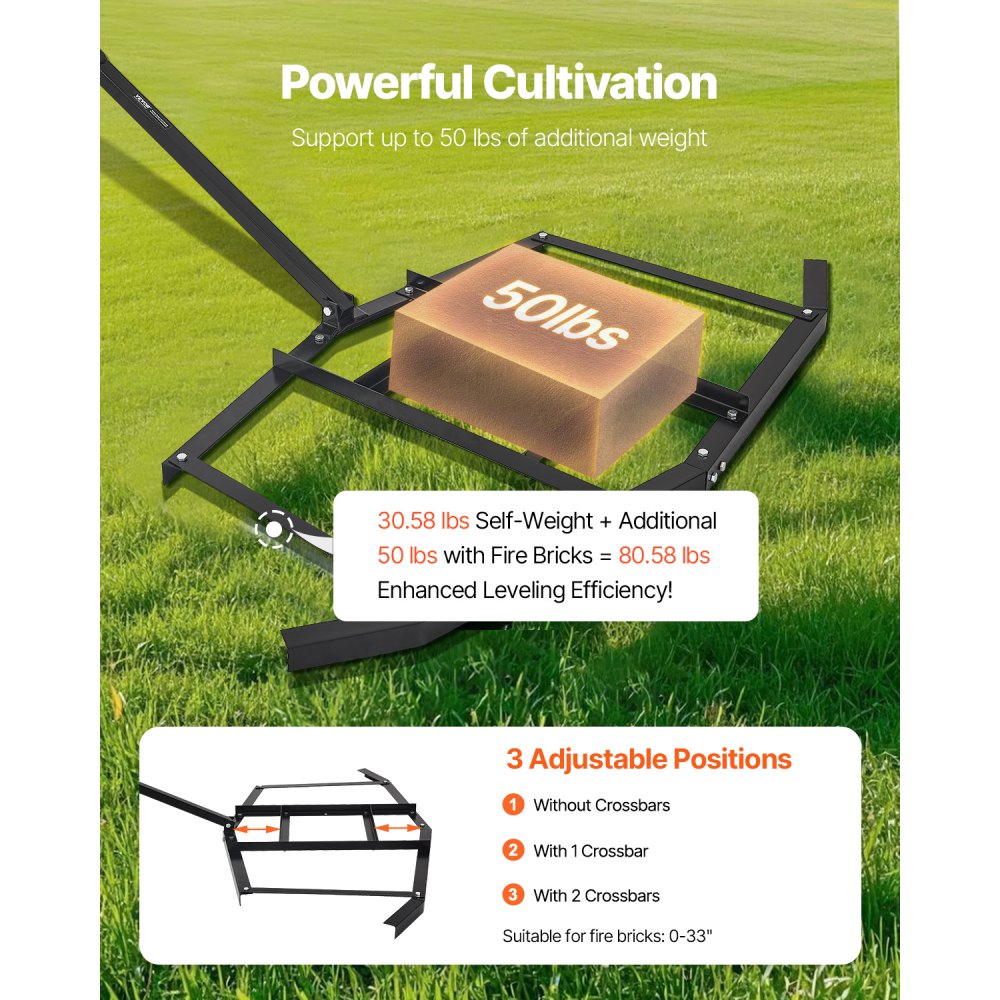 VEVOR Drag Harrow, 66" Width Tow Behind Drag Harrow, Q235 Steel Driveway Grader with Adjustable Bars & Pin Hitch, Support up to 50 lbs, Tractor Driveway Harrow for ATVs, UTVs, Garden Lawn Tractors