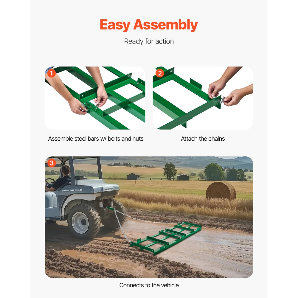 VEVOR Drag Harrow, 6 ft Heavy Duty Tow Behind Drag Harrow with Adjustable Bars & 72 in Chain, Driveway Grader Landscape Rake for ATV, UTV, Tractor, Mower Tow Behind Yard Lawn Leveling Tool