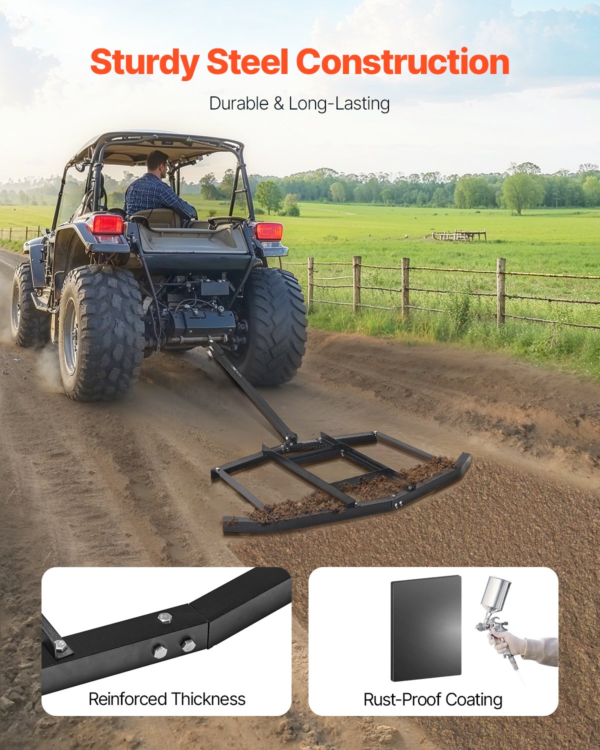 VEVOR Driveway Drag, 67.7" Width Tow Behind Drag Harrow, Q235 Steel Driveway Grader with Adjustable Bars, Support up to 50 lbs, Driveway Tractor Harrow for ATVs, UTVs, Garden Lawn Tractors