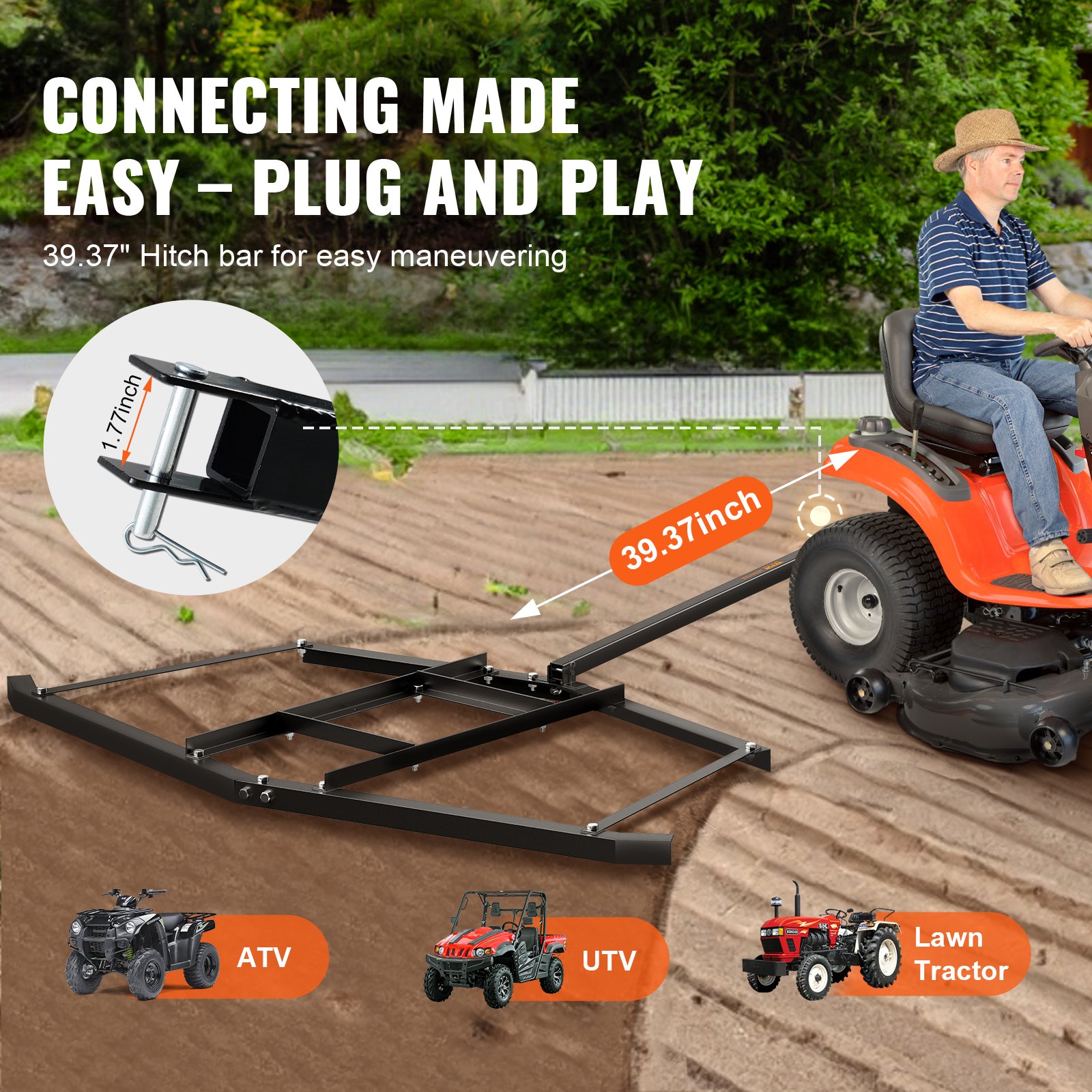 VEVOR Driveway Drag, 76.57" Width Tow Behind Drag Harrow, Q235 Steel Driveway Grader with Adjustable Bars, Support up to 50 lbs, Driveway Tractor Harrow for ATVs, UTVs, Garden Lawn Tractors