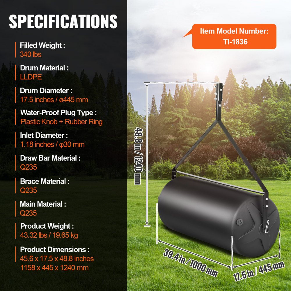 VEVOR Tow Behind Lawn Roller, 400lbs Sand/Water Filled Yard Roller, LLDPE Drum and Steel Frame Sod Roller with Easy-turn Plug, Tow Behind a Tractor or ATV for Lawn, Garden, Farm, Park, Black