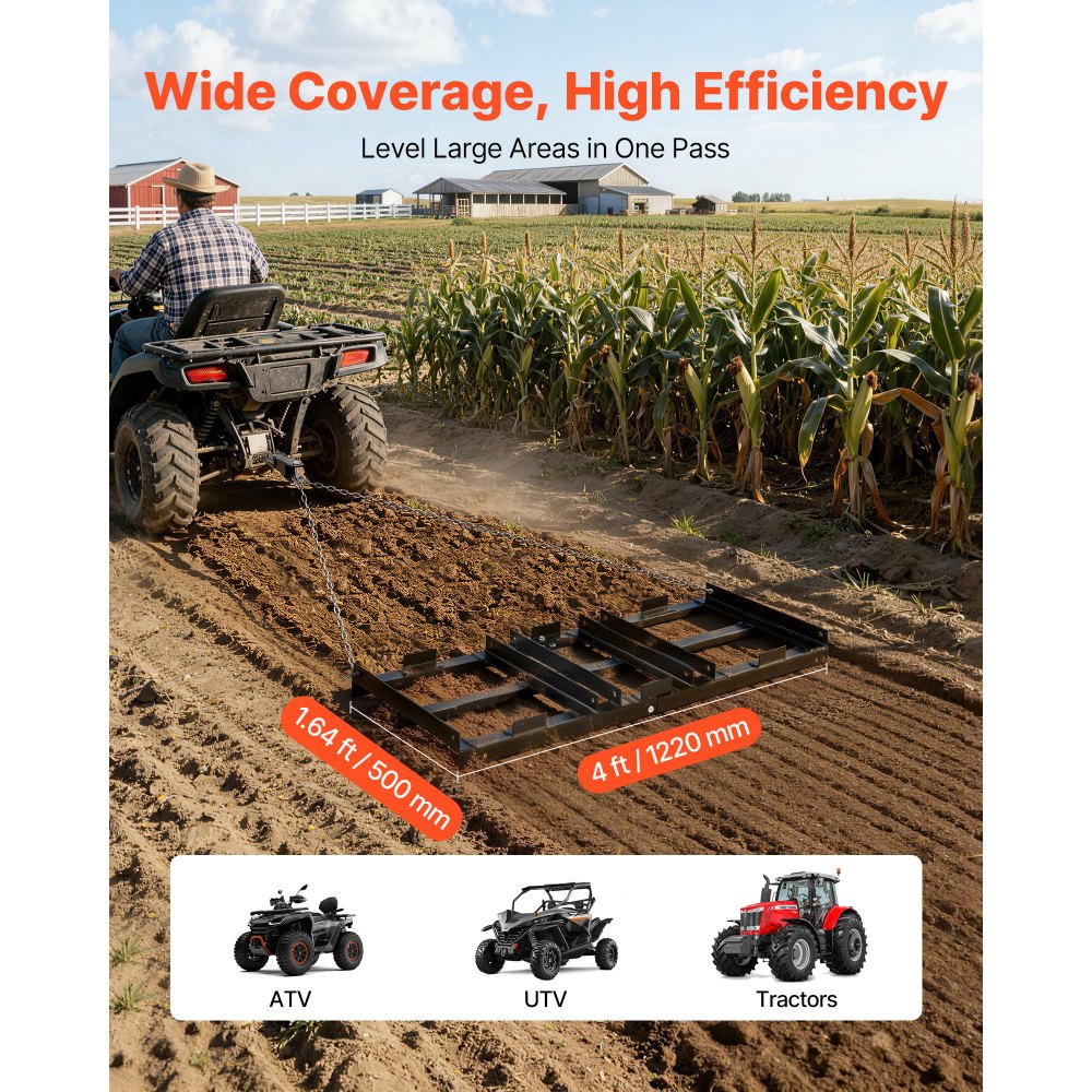 VEVOR Drag Harrow, 122 x 50 cm, Tow-Behind Driveway Grader with Adjustable Width & 50lbs Load Capacity, Heavy Duty Lawn Leveling Rake, Galvanized Steel Gravel Driveway Drag, Fits ATVs UTVs Tractors