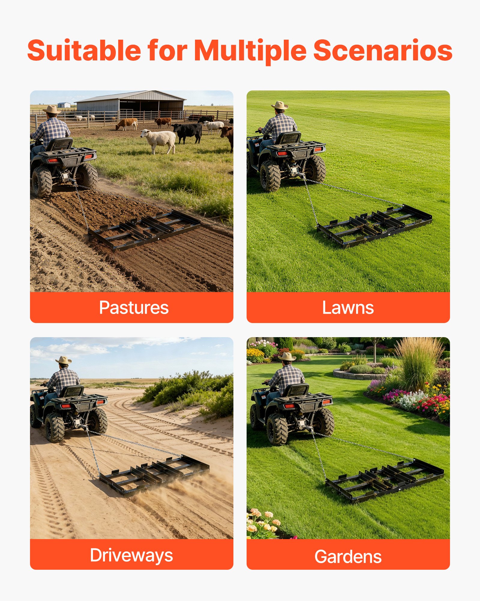 VEVOR Drag Harrow, 122 x 50 cm, Tow-Behind Driveway Grader with Adjustable Width & 50lbs Load Capacity, Heavy Duty Lawn Leveling Rake, Galvanized Steel Gravel Driveway Drag, Fits ATVs UTVs Tractors