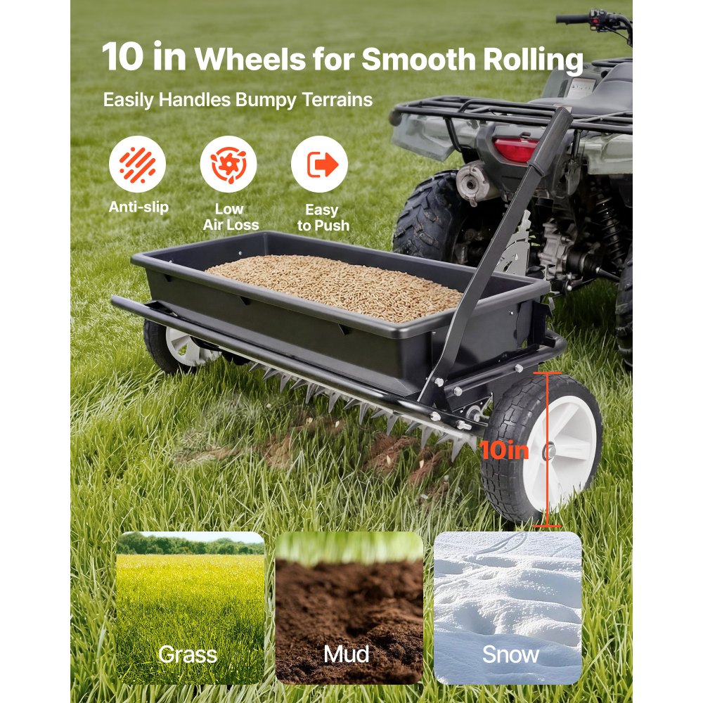 VEVOR Tow Behind Lawn Spreader with Aeration Spikes, 0.81m Spreading Width, Broadcast Spreader with Universal Hitch, Garden Seeder & Soil Aerator with 100lbs Capacity & 10 in Tires for ATVs UTVs