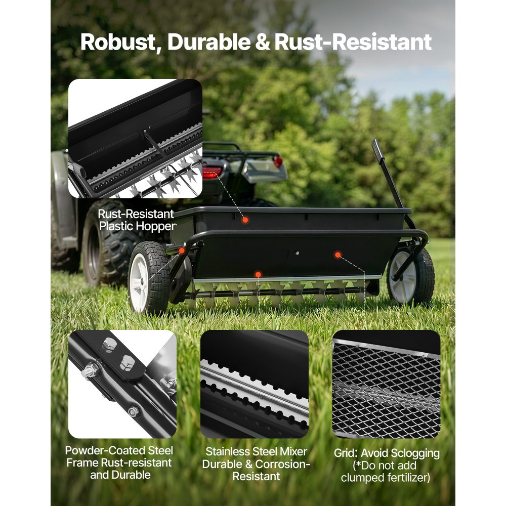 VEVOR Tow Behind Lawn Spreader with Aeration Spikes, 0.81m Spreading Width, Broadcast Spreader with Universal Hitch, Garden Seeder & Soil Aerator with 100lbs Capacity & 10 in Tires for ATVs UTVs