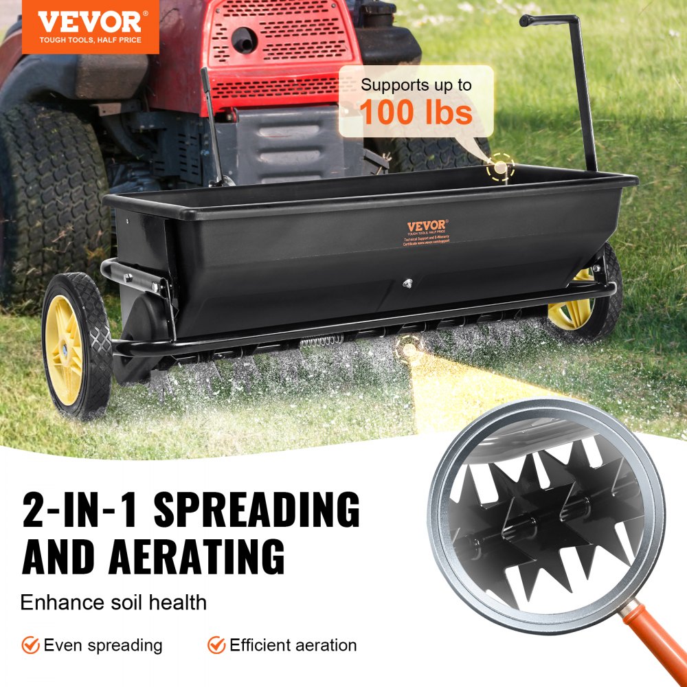 Seed Spreader, 100 LB Capacity, Towable Poly Drop Design with 10" Wheels, Durable Steel Spike Aerator, for Efficient Fertilizing, Seeding, and Salt Distribution, Ideal for Home, Farm Use, Rug Seed Spreader, 100 LB Capacity, Towable Poly Drop Design with 10" Wheels, Durable Steel Spike Aerator, for Efficient Fertilizing, Seeding, and Salt Distribution, Ideal for Home, Farm Use, Rug