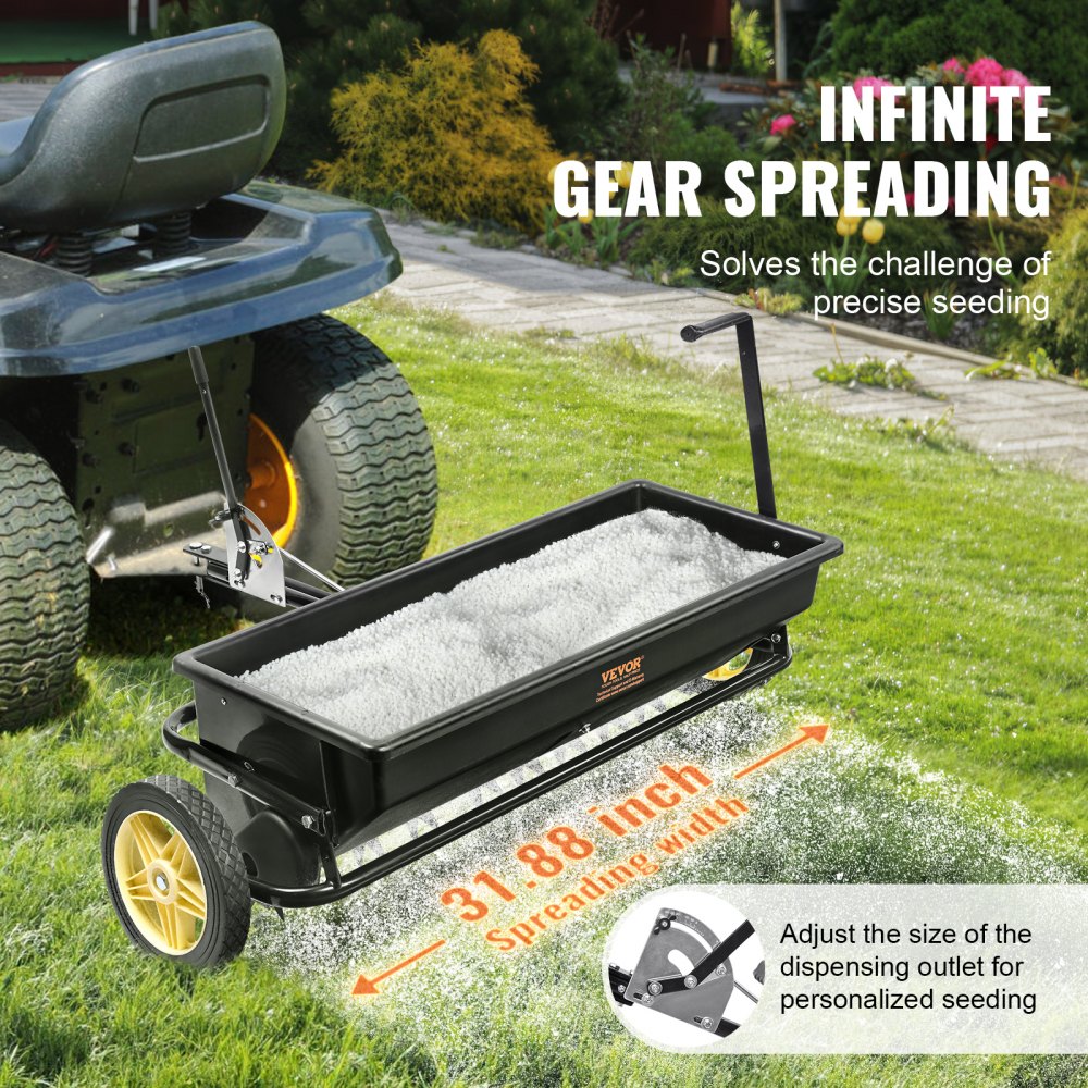 Seed Spreader, 100 LB Capacity, Towable Poly Drop Design with 10" Wheels, Durable Steel Spike Aerator, for Efficient Fertilizing, Seeding, and Salt Distribution, Ideal for Home, Farm Use, Rug Seed Spreader, 100 LB Capacity, Towable Poly Drop Design with 10" Wheels, Durable Steel Spike Aerator, for Efficient Fertilizing, Seeding, and Salt Distribution, Ideal for Home, Farm Use, Rug