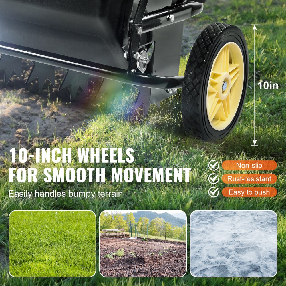 Seed Spreader, 100 LB Capacity, Towable Poly Drop Design with 10" Wheels, Durable Steel Spike Aerator, for Efficient Fertilizing, Seeding, and Salt Distribution, Ideal for Home, Farm Use, Rug Seed Spreader, 100 LB Capacity, Towable Poly Drop Design with 10" Wheels, Durable Steel Spike Aerator, for Efficient Fertilizing, Seeding, and Salt Distribution, Ideal for Home, Farm Use, Rug